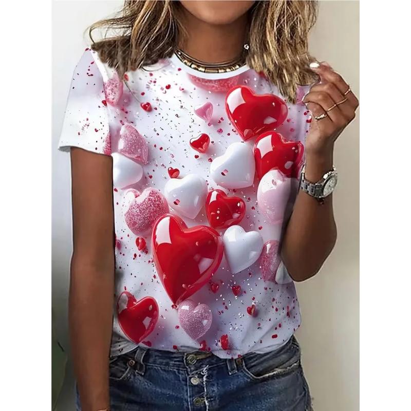 Fashion Women's Rose Love Short Sleeve Crew Neck T-Shirt 3D Rose Love Color Printing Crew Neck Short Sleeve