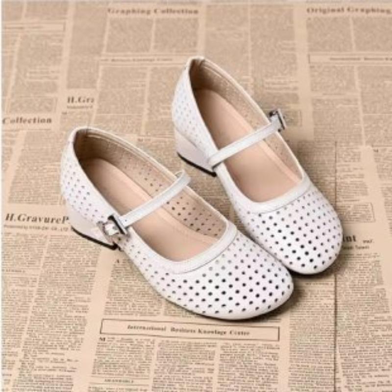 Printemps bouche peu profonde creux Mary Jane boucle ceinture un mot polyvalent confortable talon épais rétro chaussures simples semelle souple chaussures à trous