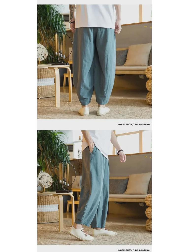 Men's National Trend Loose Harem Pants: Cotton & Linen, Plus Size, Wide Leg, Spring/Summer Casual Wear