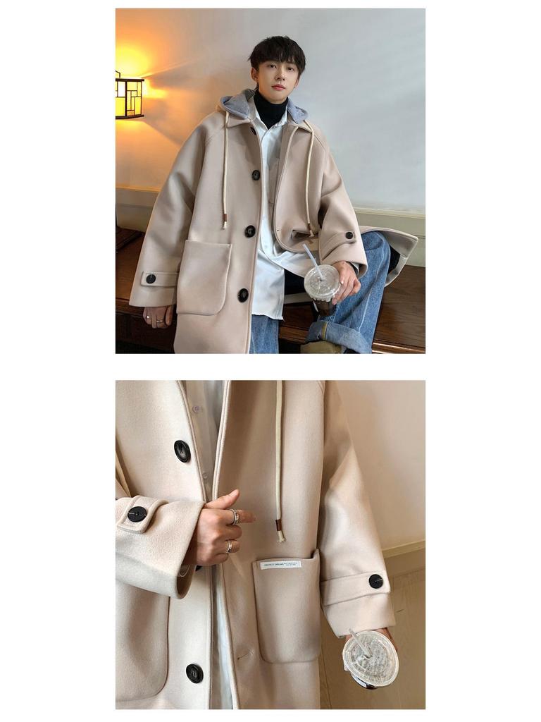 Men's Mid-Length Woolen Hooded Coat - Autumn/Winter Style, Over-The-Knee, Trendy High-End Thick Windbreaker