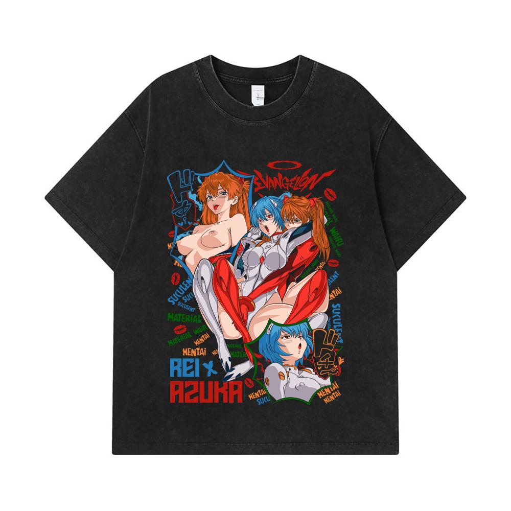 275 GSM Washed T-shirts 100% Cotton Evangelion V9 Asuka Rei Waifu Print Unisex Heavy Cotton T Shirt