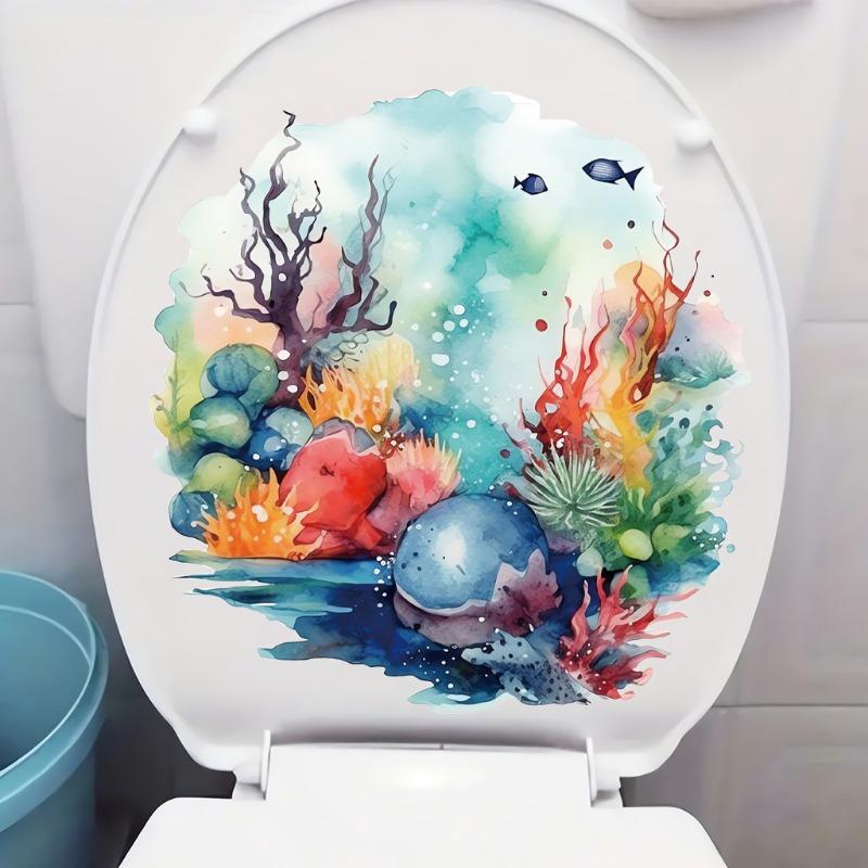 Sea Turtle Coral Jellyfish Toilet Lid Decal Sticker Bathroom Beautification Self-Adhesive Decoration Waterproof Sticker