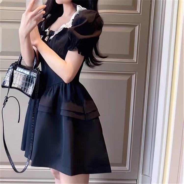 Black rich daughter princess skirt showing thin temperament women's Hepburn style dress bubble sleeves summer short