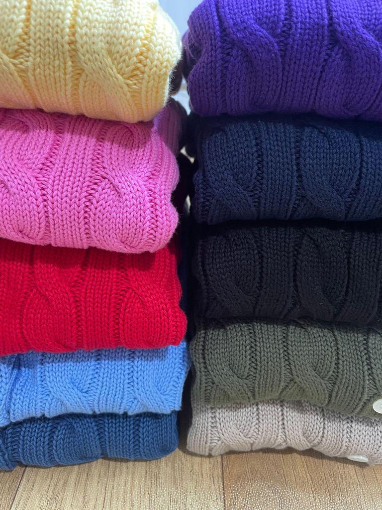 High-Quality Ralph 25 Early Autumn Cotton Cable Knit Sweater with Small Pony Embroidery - Round Neck, Long Sleeve Cardigan