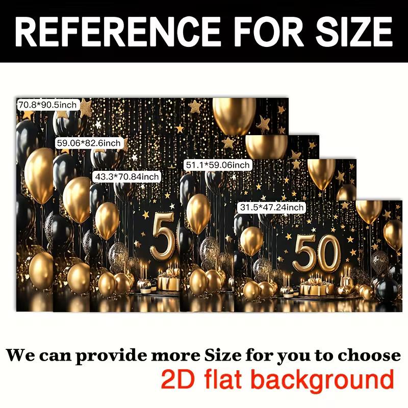 2D 50th Birthday Party Backdrop Banner, Black Gold Theme for Indoor & Outdoor Decoration