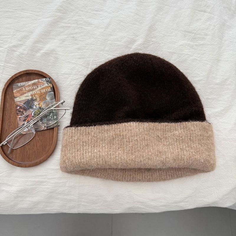 Jesienno-zimowa czapka dzianinowa w blokach kolorystycznych: Styl koreański, Dwuwarstwowy, Ochrona uszu, Wiatroodporny, Zimnoochronny, Wyszczuplający krój do jazdy na rowerze