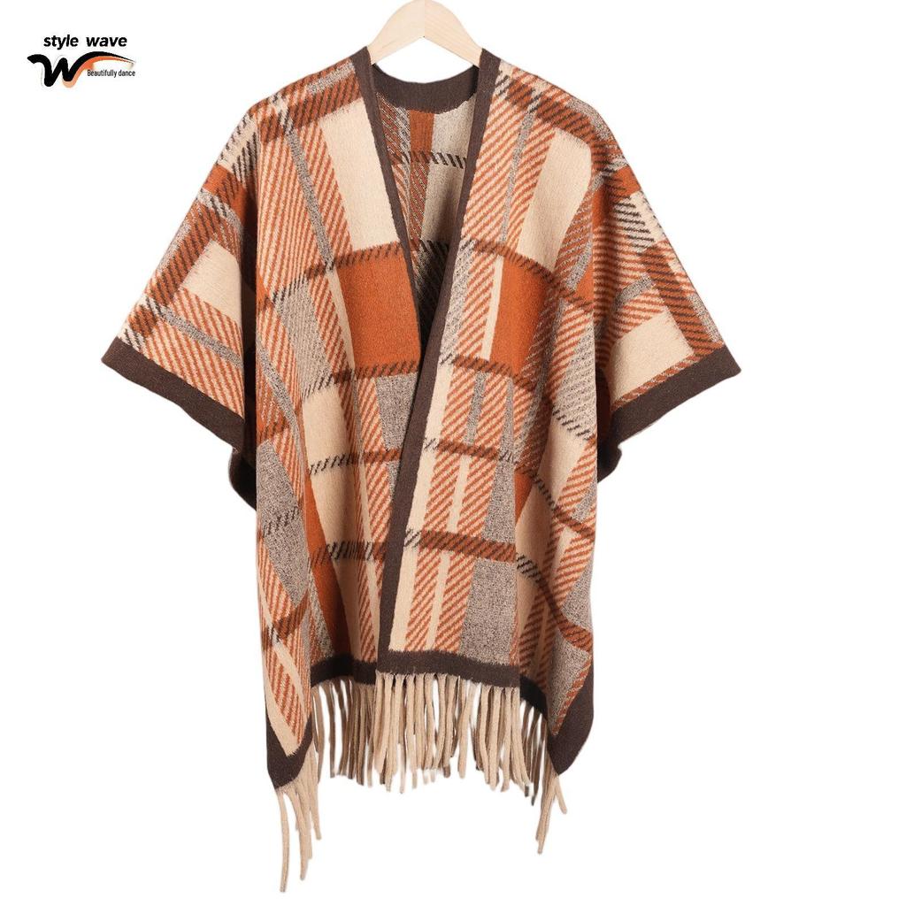 Women's Thick Jacquard Tassel Shawl - Versatile Solid Color Cape for Autumn/Winter
