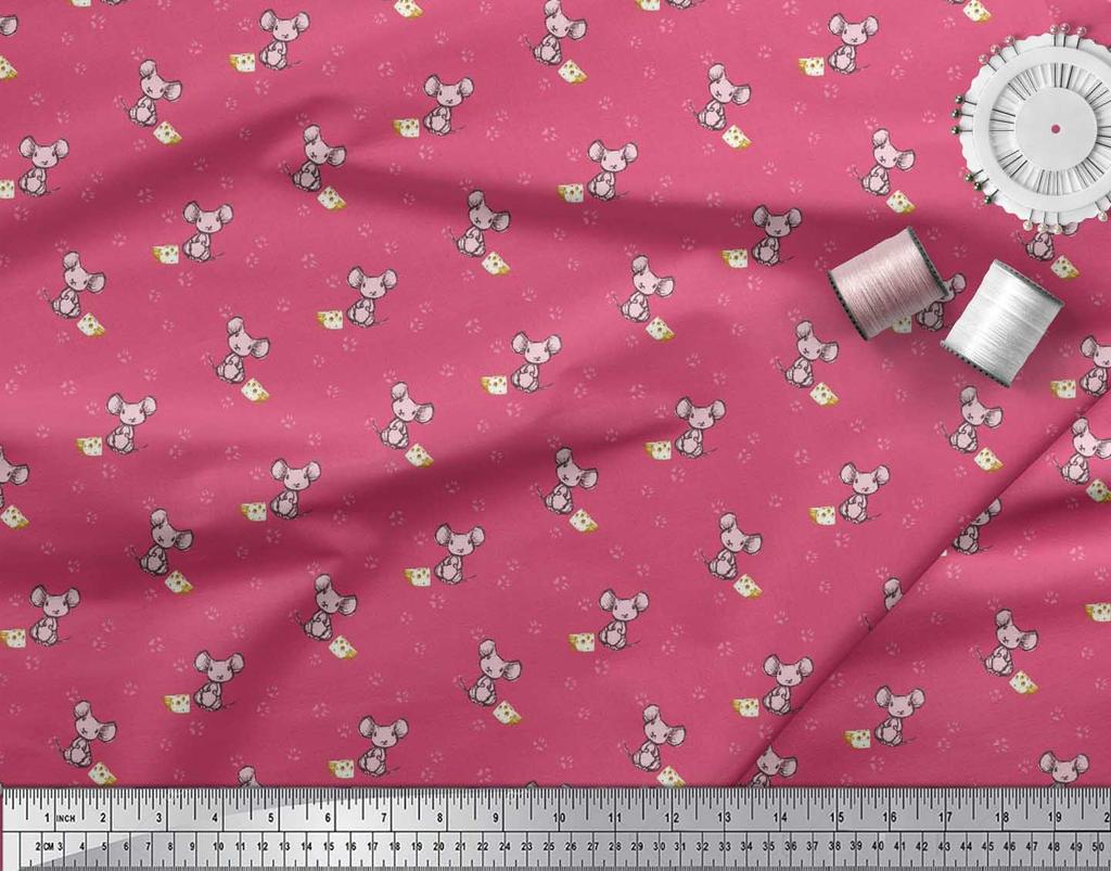 Soimoi Japan Crepe Satin Fabric Footprint,Cheese & Rat Kids Print Fabric by Metre 42 Inch