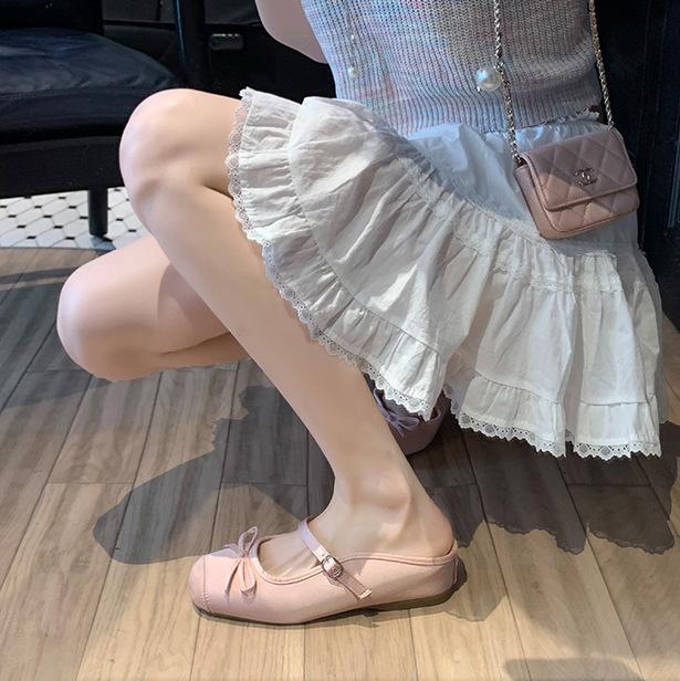 Sheepskin Version~ Premium Silver Leather Inner Height-increasing Slippers Women's Summer Bow Bag Head Thick Bottom Half Slippers Sandals