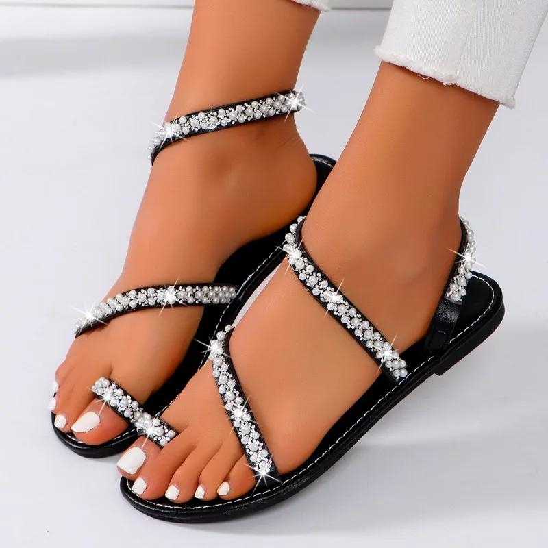 Modne buty damskie 2024 Gorąca wyprzedaż Wsuwane sandały damskie Letnie sandały z odkrytymi palcami Perły Jednolite Lekkie Outdoorowe Casualowe Płaskie Sandały w dużych rozmiarach