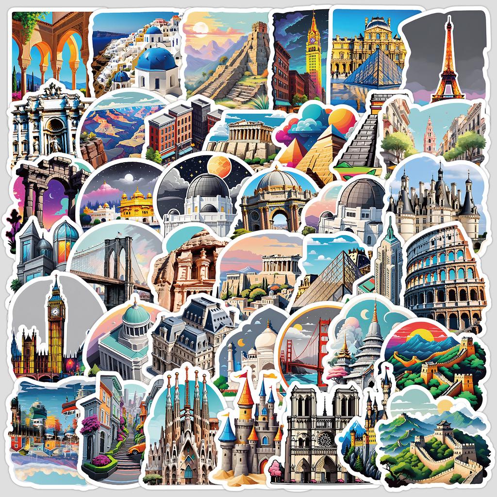 50 Famous Landmark Building Graffiti Stickers, Water Cup, Computer Waterproof Decorative Stickers, Creative DIY Stationery Stickers