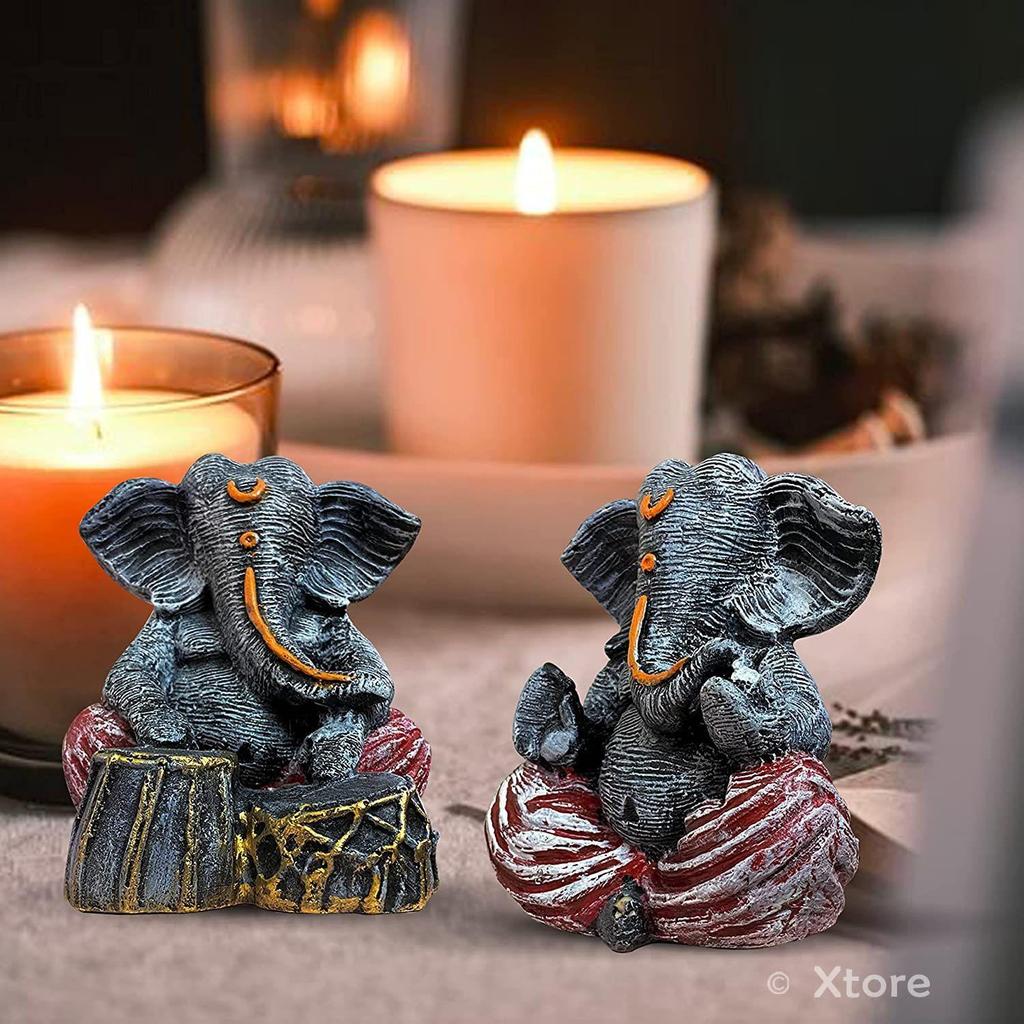 Beautiful Resin Ganesha Pair for Home Decor | Brings Prosperity - (Grey & Red, Pack of 2)
