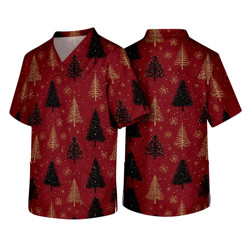 Men's Christmas Theme Caregiver Uniform, Holiday Scrub Top for Nurses and Workers