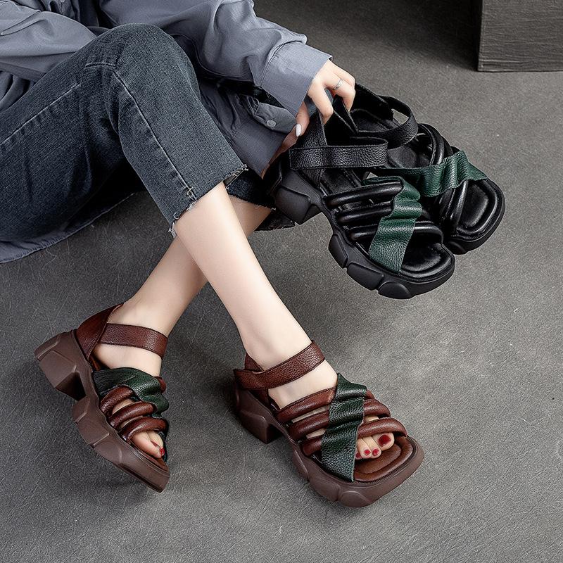 Fashion 6CM Women Sandals Hook Cow Genuine Leather Fashion Platform Sandal Luxury Females Thick-soled ROME Big Toe Summer Retro Shoes