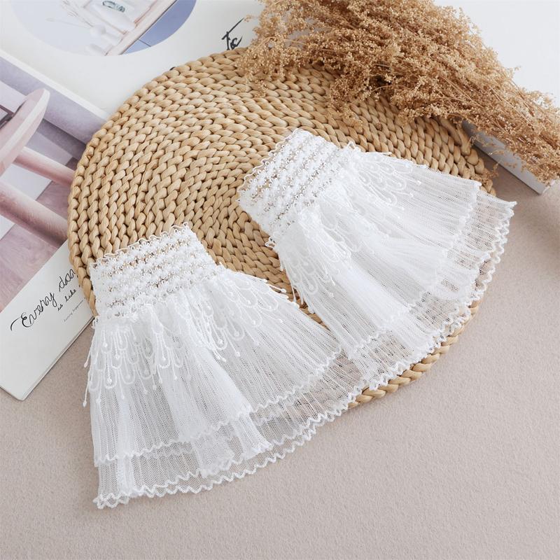 White Tull Elastic Short Fake Flared Sleeves Double Layer Ruffle Lace Detachable Cuffs Sweater Decorative Accessories