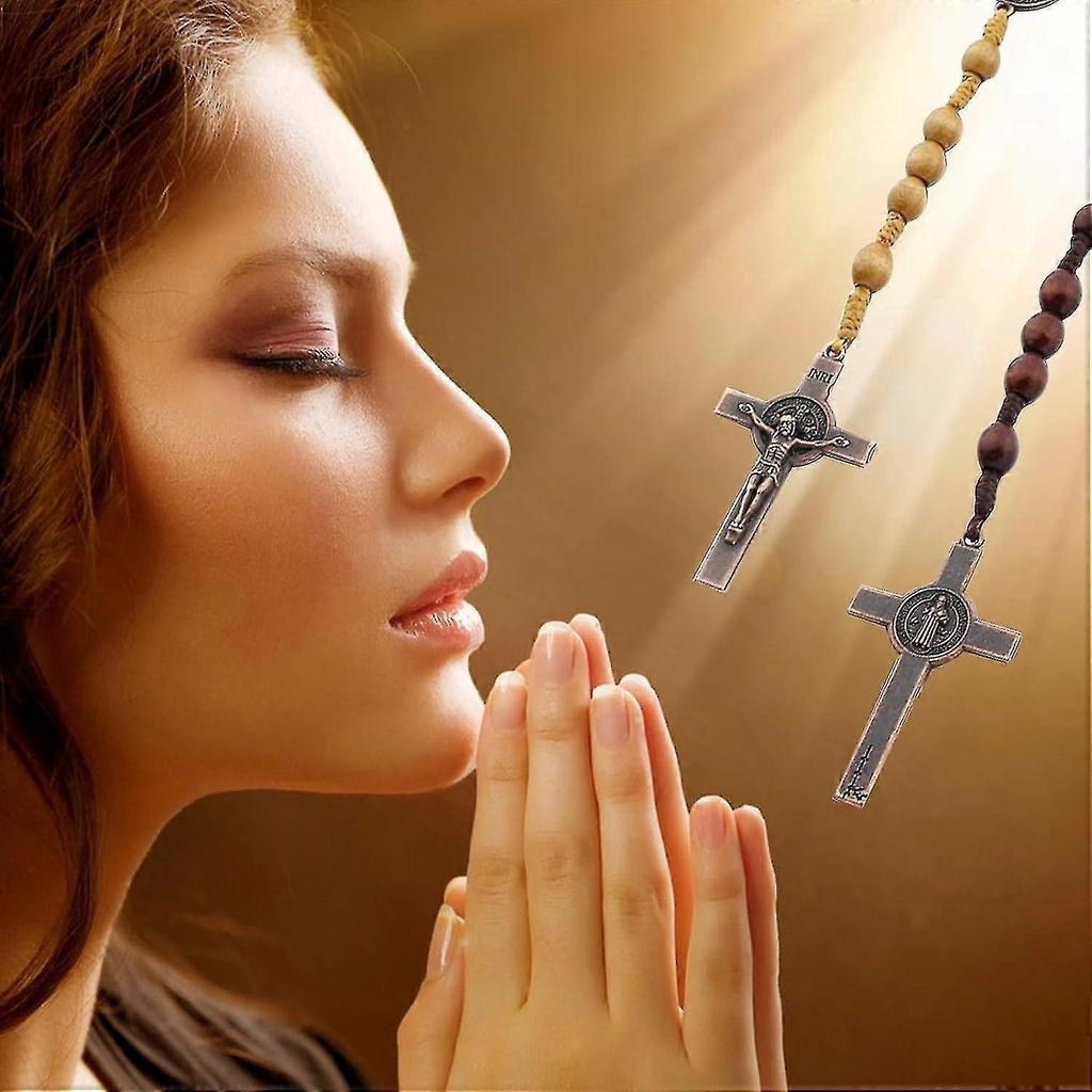 Catholic Cross Rosary Necklace, Natural Wood Prayer Beads With Medal Cross( Light Brown)/yy