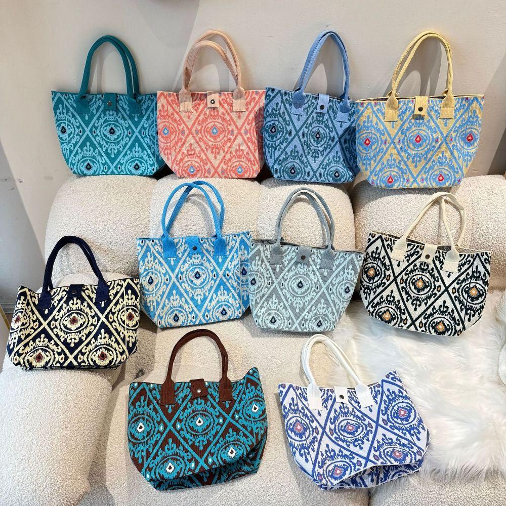 

Large Capacity Ethnic Style Knitted Bag Colorful Embroidery Handbag Printing Canvas Bag Travel Style10
