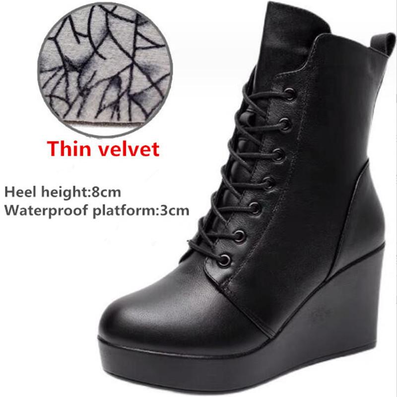 Women Genuine Leather Ankle Boots Winter Female Plush Snow Boots Platform Wedge Boots Women's High Heel Shoes Size 33-43