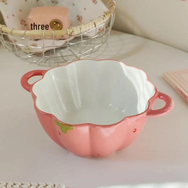 Charming Ceramic Double-Ear Berry Petal Bowl for Fruit, Salad, or Noodles - Anti-Scald Design.
