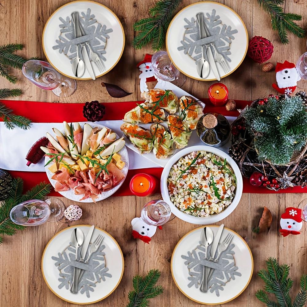 12pcs Festive Felt Snowflake Christmas Utensil Holders - Polyester, Hand Wash Only, Ideal for Holiday Party Table Decorations, Christmas Decorations