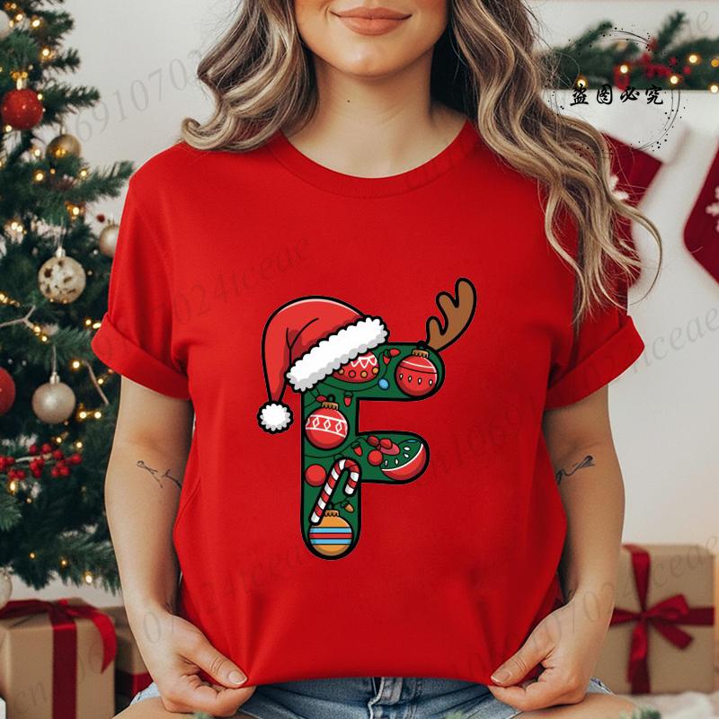 

Festive Christmas Alphabet Letter with Santa Hat Print Tshirt for Unisex Fashion T Shirt Streetwear Female Clothes Unisex Tshirt 4XL