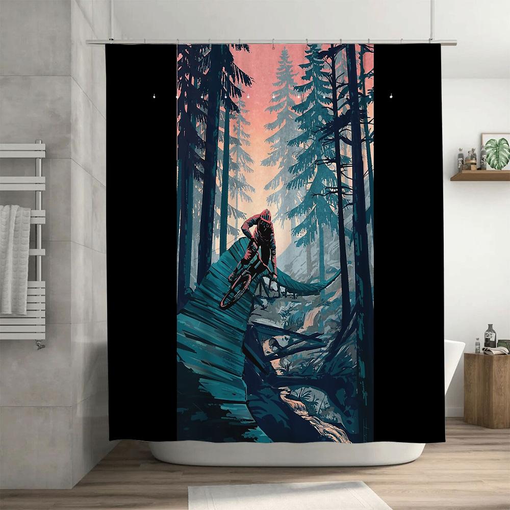 Mountain Bike Shower Curtain Nature Forest Scenic Outdoor Adventure Sports Gym Decor Waterproof Bathroom Fabric