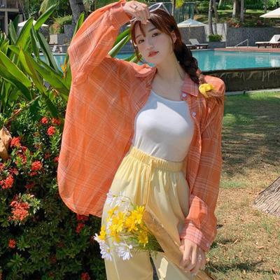 Summer Beach Thin Plaid Shirt Women Loose Breathable Sun Protection Blouse Long Sleeve Chiffon Shirts