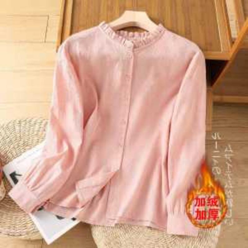 

New Velvet Autumn Winter Shirts for Women Fashion Long-sleeved Slim Western Style Simple Versatile Shirt Tops L розовый