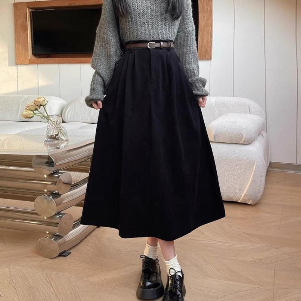 Korean Women's Brown Skirt Autumn Winter High-waisted Corduroy Long Skirt Ladies College Style Pleated A-line Skirts