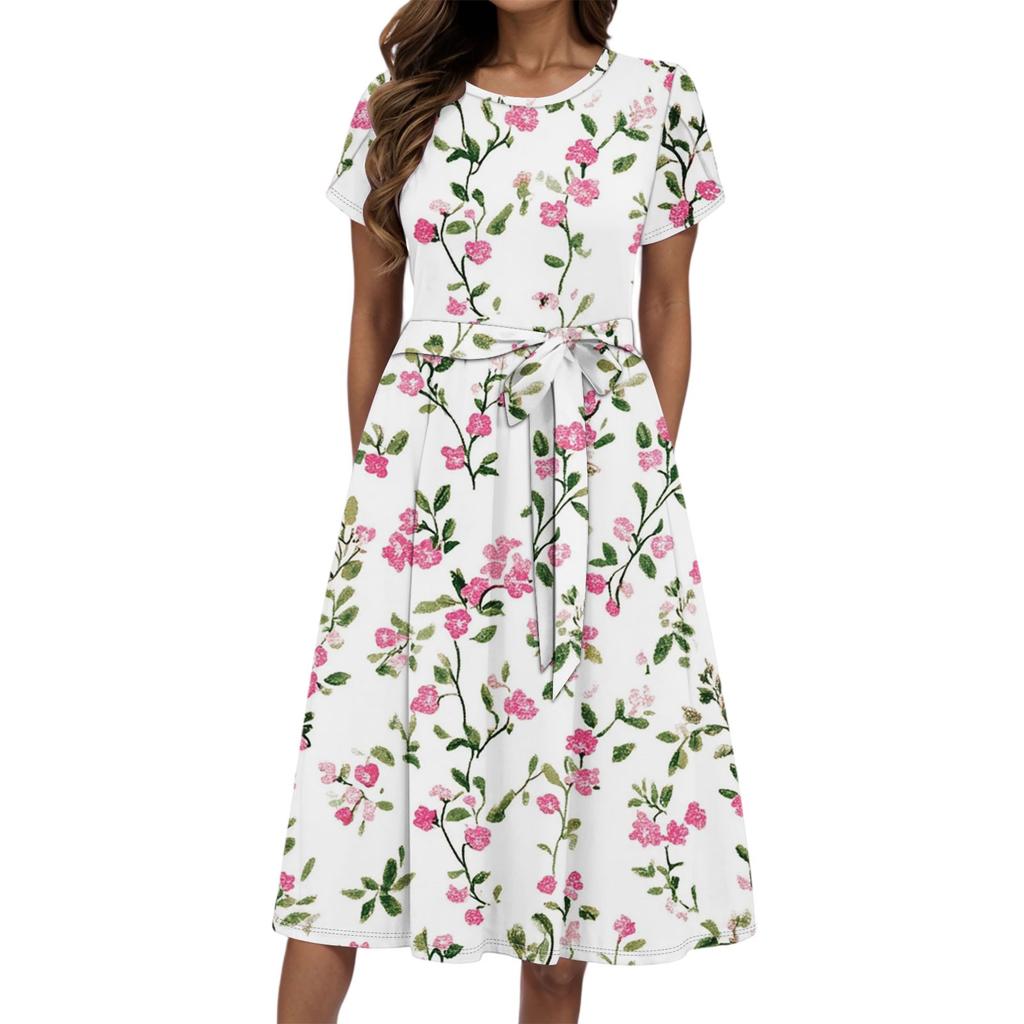 Women's Summer Fashion Round Neck Casual Plant Floral Print Short Sleeve Dress