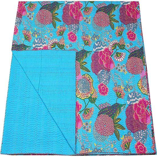 Aizza Trends Ručně vyráběná přikrývka Kantha z čisté bavlny s potiskem - Tradiční vzhled Přehoz na postel Kantha Gudri - Vintage Ruční steh Gudri