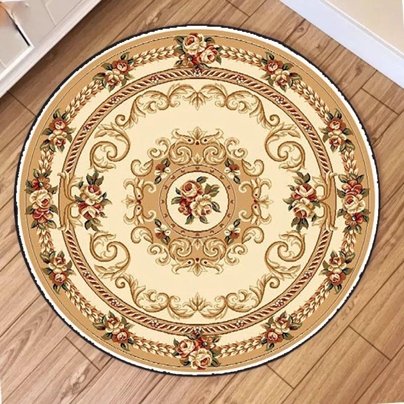 Gilt Classical Round Carpet, Centered Medallion with Symmetric Florals on Ivory Rug Embossed Floor Mat for Grand Parlor Decor