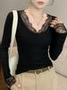 Women's Lace Splice Ribbed U-Neck Slim-Fit Long Sleeve Top for Autumn/Winter
