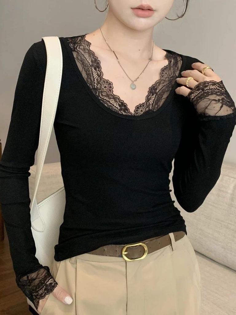Women's Lace Splice Ribbed U-Neck Slim-Fit Long Sleeve Top for Autumn/Winter