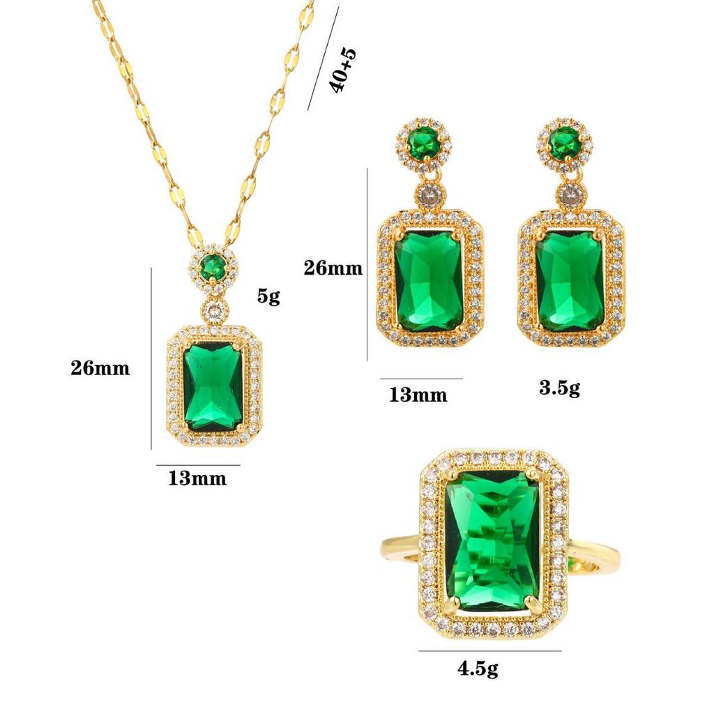 Women's Japanese & Korean Style Zircon Emerald Necklace & Earrings Set, Non-Fading Titanium Steel.