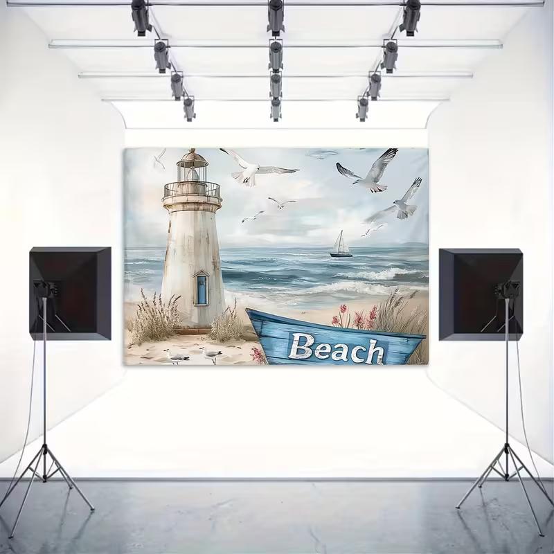 2D Flat Printing Rustic Lighthouse Beach Backdrop "Beach" Sign Nautical Background
