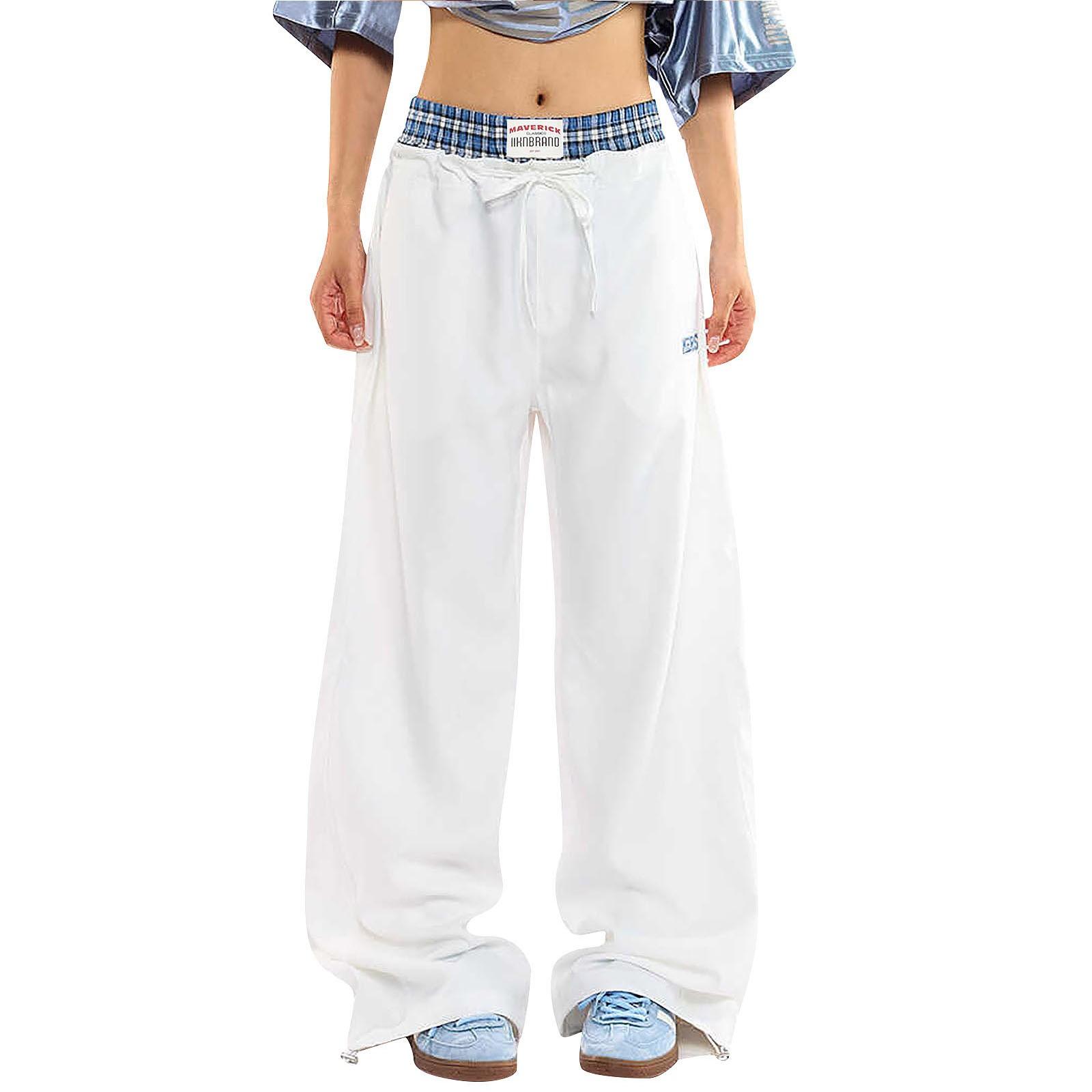 

Девушки Мода Двойная талия Клетчатая Лоскутная Поддельные Два Повседневные Брюки Ретро Спортивные Брюки-Карго XL белый