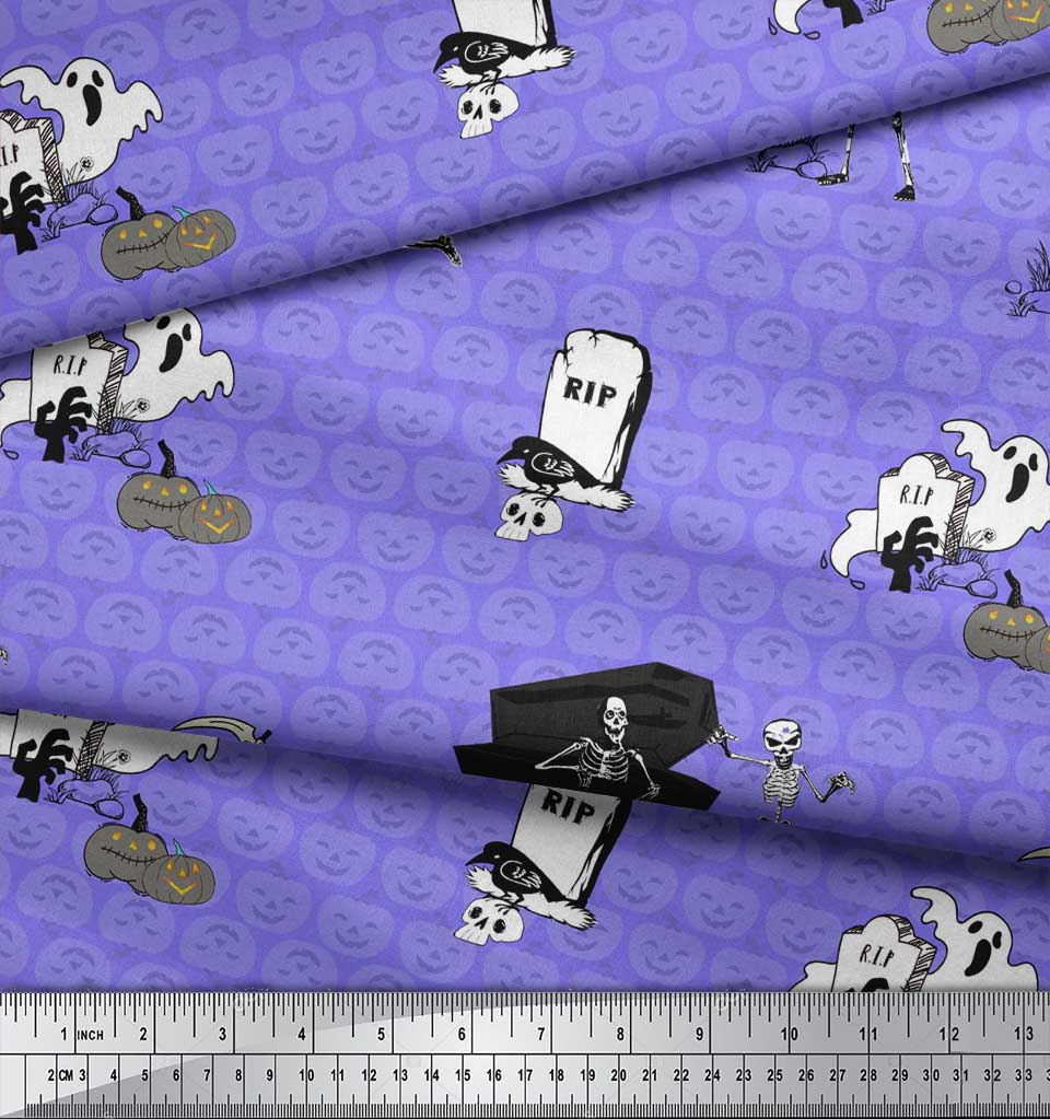 Soimoi Green Japan Crepe Satin Fabric Pumpkin & Skull Halloween Print Fabric by metre 42 Inch