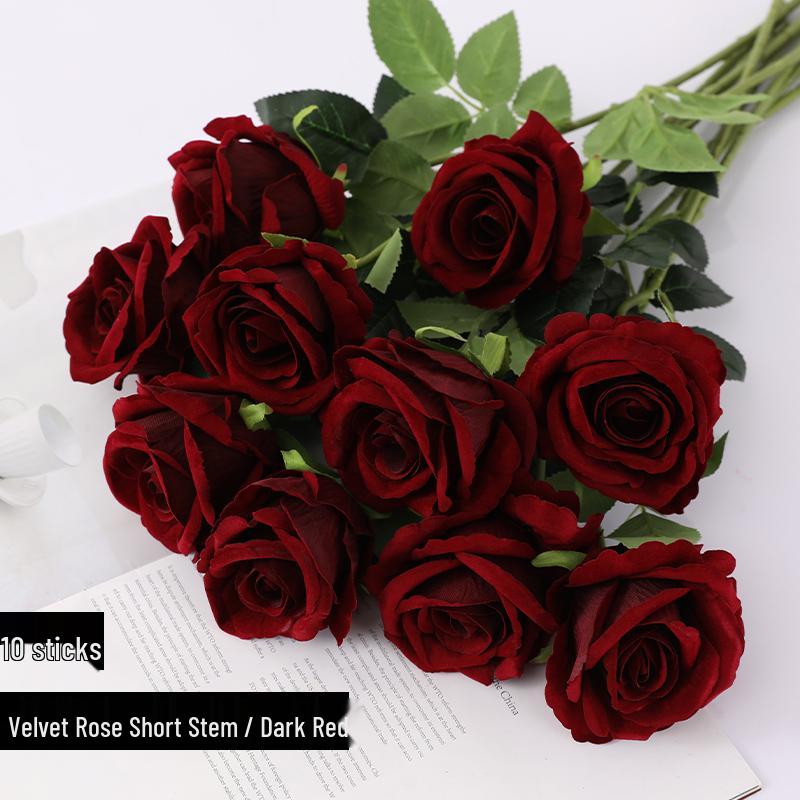 Red Velvet Rose Artificial Flowers - 10 Long Stems for Living Room or TV Cabinet Decor