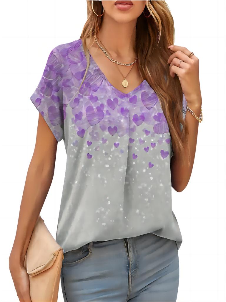 2024 luźna casualowa damska koszulka letnia podstawowa z dekoltem V z krótkim rękawem modna koszulka z cyfrowym nadrukiem 3D top