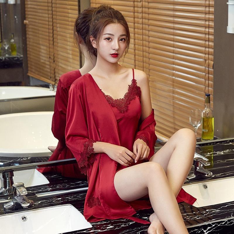 Spring and Autumn New Pajamas Female Sexy with Chest Pad Silk Thin Temptation Suspender Nightgown Two-piece Set