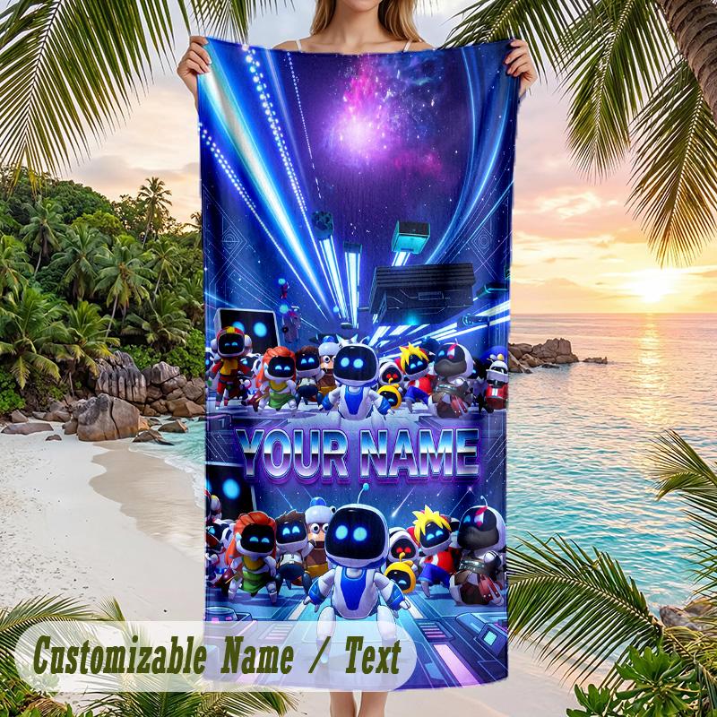 Astro Bot Beach Towel, Personalized Custom Text, Quick Dry Soft Large Towel For Swimming Pool Travel