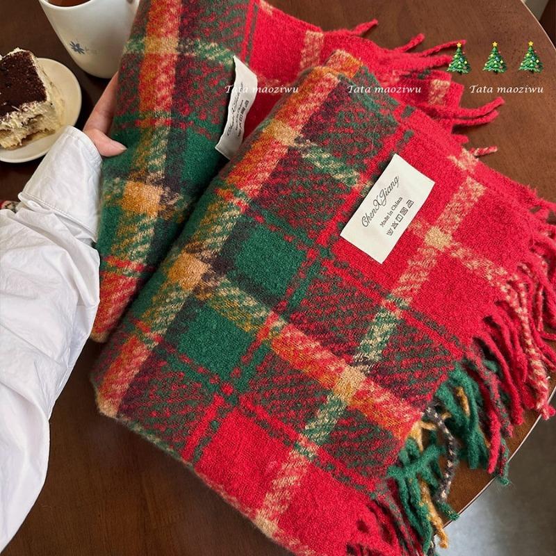 New red fringed plaid scarf winter women's Christmas lengthened thickened warm versatile shawl student scarf tide