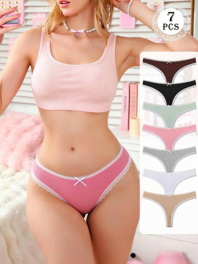 7Pcs/Pack Women Thongs Panties Cotton Sexy Lace Underwear Tanga Solid Pants Plus Size Underpants G-Strings Female Lingerie Size S-XL