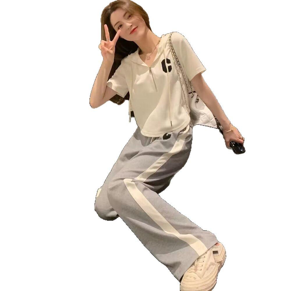 2025 Korean Style Women's Hooded T-Shirt & Wide-Leg Pants Set