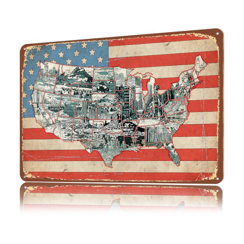 Usa Map Flag Vintage D Texture Printed Poster Custom Vintage Metal Tin Plate Sign for Wall Art Article Decoration Gaming House