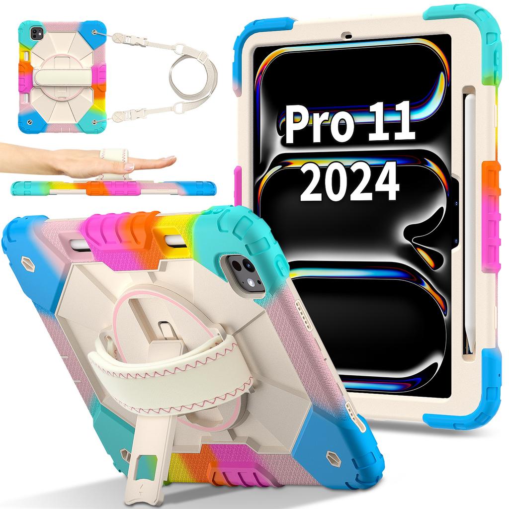 For iPad Pro 11 (2024) Case Kickstand Silicone+PC Tablet Cover with Shoulder Strap