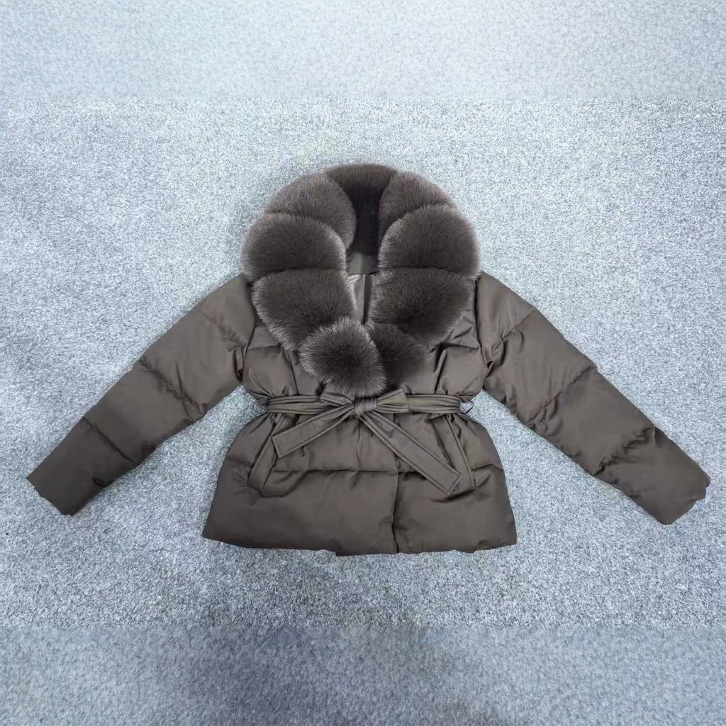 Women's Hooded Faux Fur Collar Puffer Coat Belted Waist Short Quilted Solid Color Winter Warm Cotton Padded Jacket