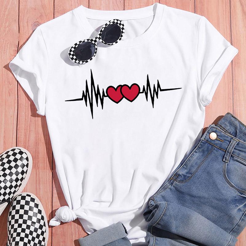 Sportswear Feminine Short Sleeve White Tshirt Clothes Heart Graphic Print T-Shirt Leisure Summer O-Neck Oversized Top Popular T