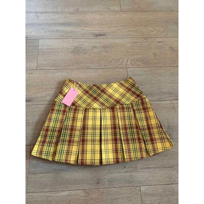 

High Waisted Retro Plaid Pleated Skirt High Waist Retro Plaid Pleated Skirt Women Yellow S
